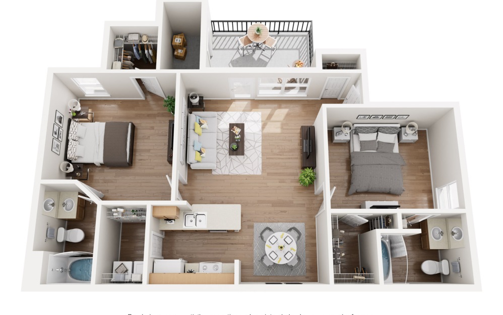 2 bedroom  2 bath B - 2 bedroom floorplan layout with 2 bathrooms and 1250 square feet